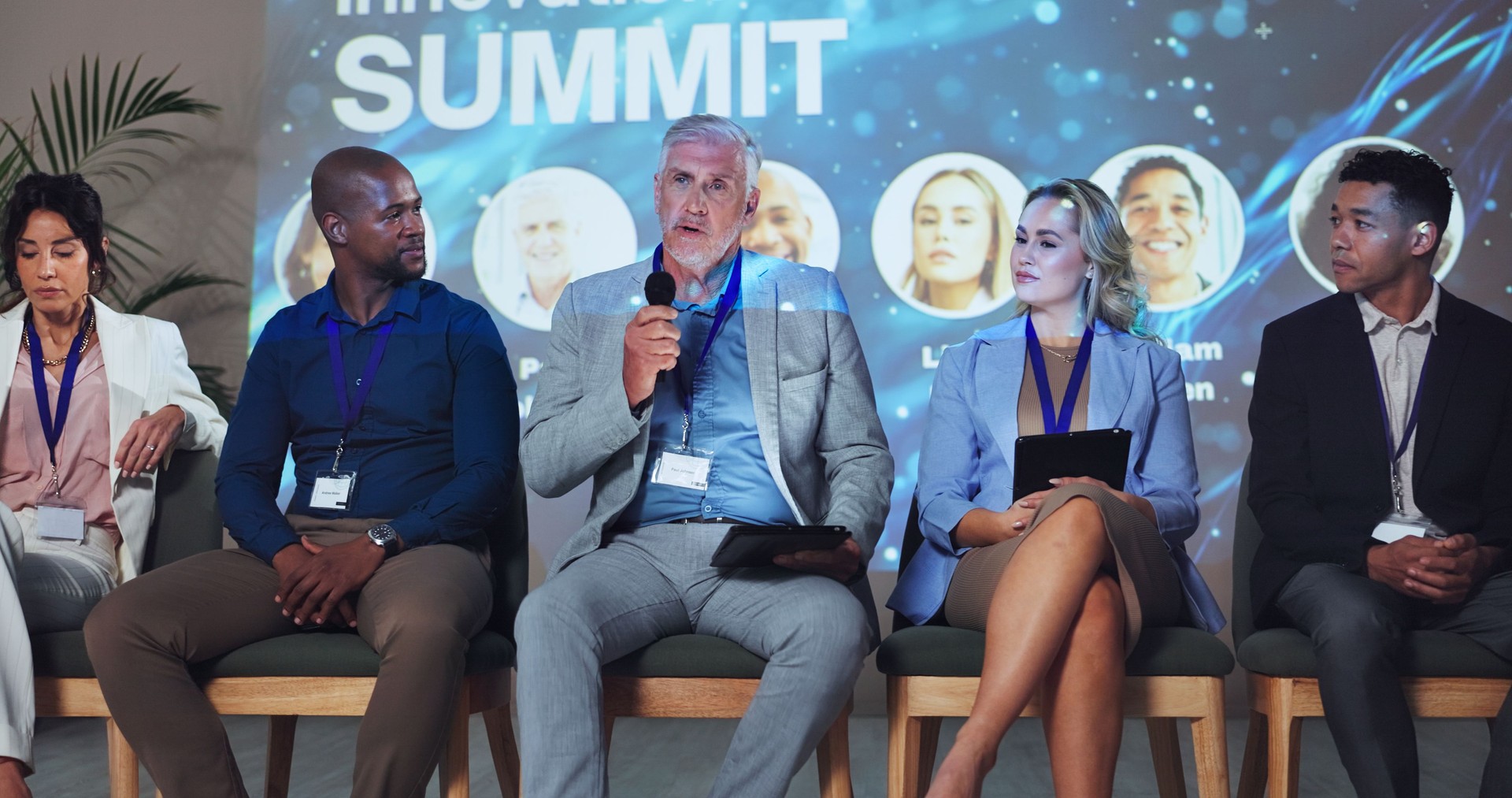 Stage, seminar and tradeshow with business people and technology for networking, industry panel and keynote speaker. Hackathon, summit and ai ethics with speech for audience, event showcase and news