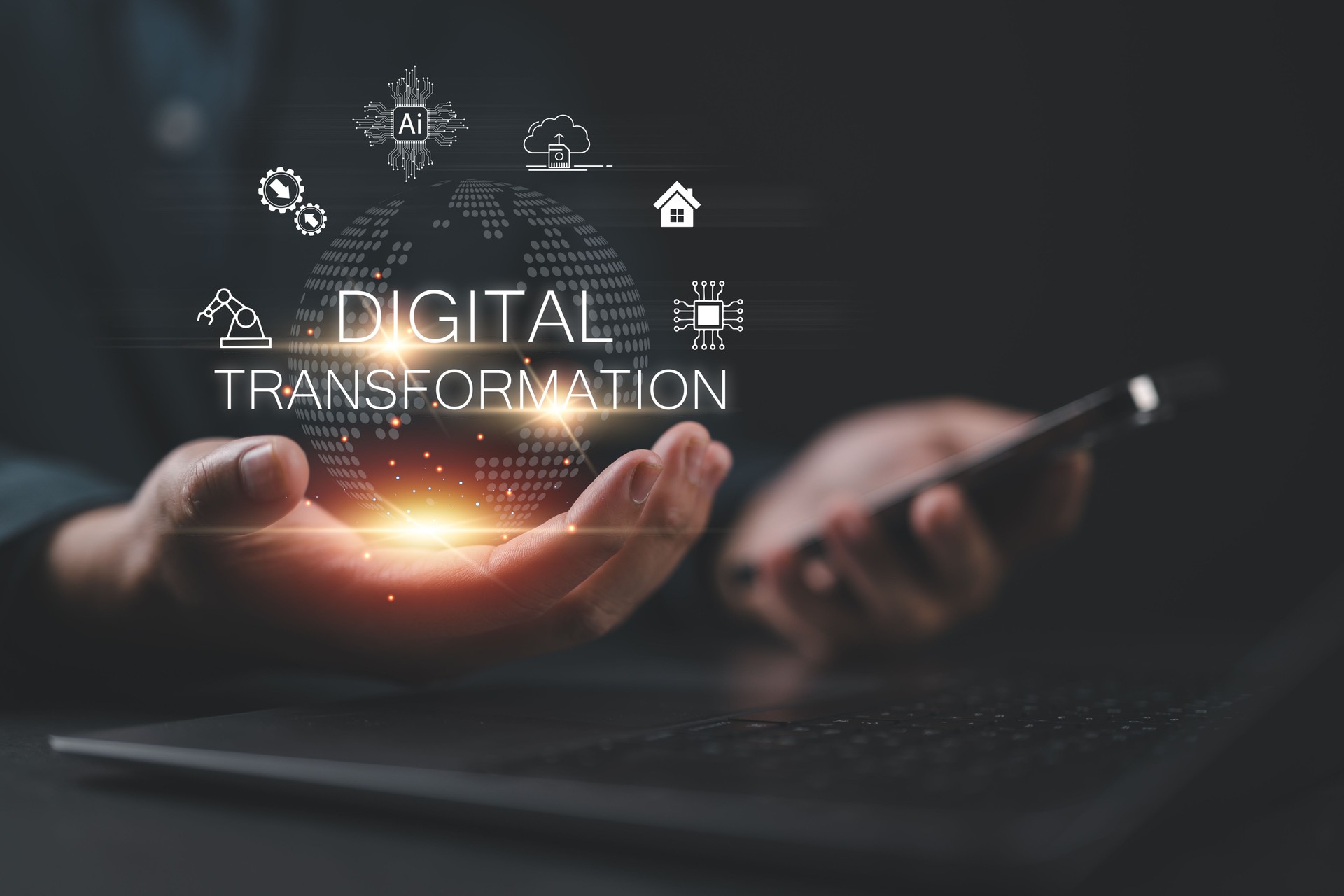 Digital transformation and digitalization technology. Businessman use smartphone with virtual digital transformation icon for digital transformation technology strategy, IoT, internet of things.