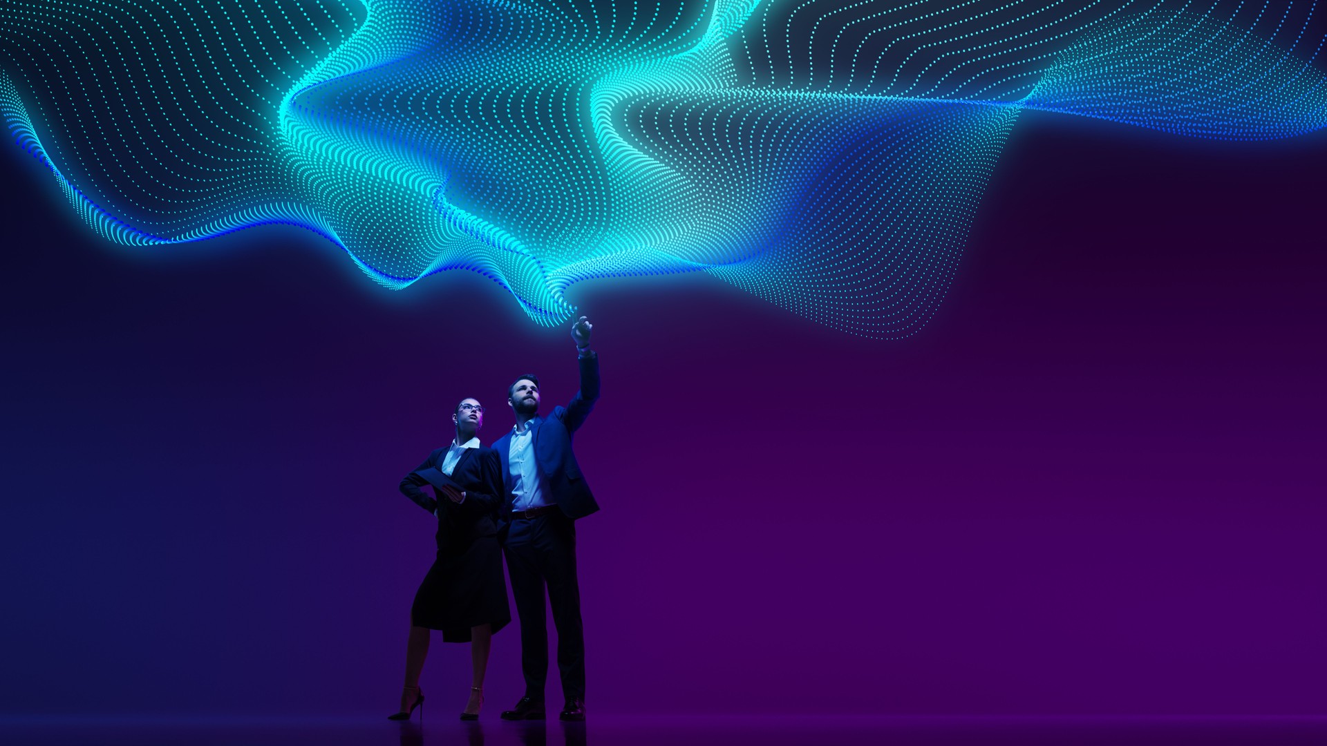 Businessmen points to data network projected above him, symbolizing connectivity and digital transformation in corporate world.