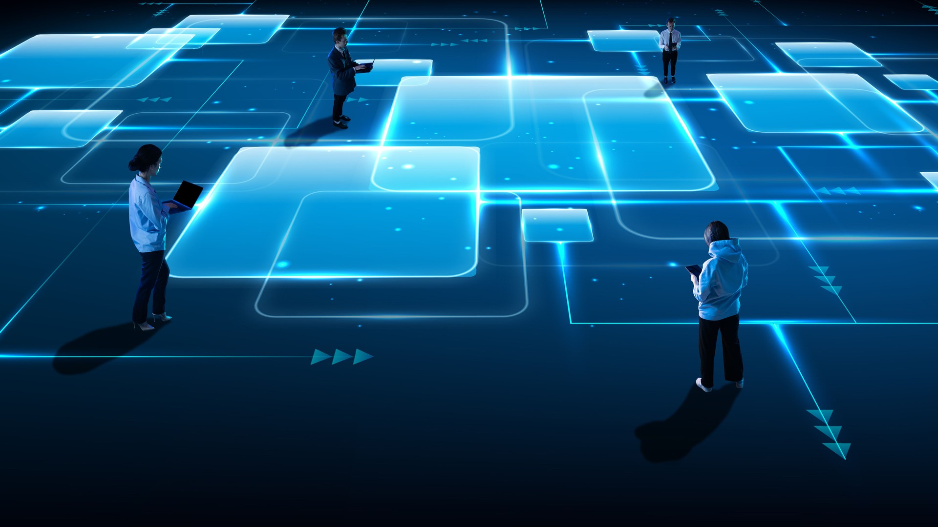 Digital world. People navigating glowing interface grid symbolizing smart technology, connectivity and virtual collaboration. Composite image